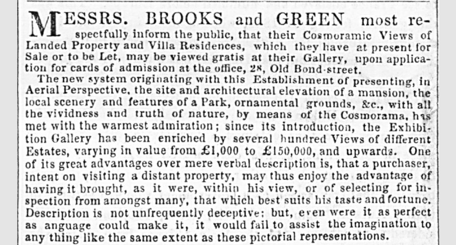 A newspaper advert for a real estate listing promotes the immersive benefits of a cosmorama. Image: ‘Brooks and Green’, The Patriot, 4 April 1842.