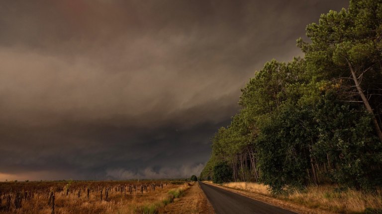 Saumos (33), July 24, 2026: Fire in the Temple and Saumos area of Gironde; the smoke cloud creates an apocalyptic atmosphere at night in broad daylight above the forest.
