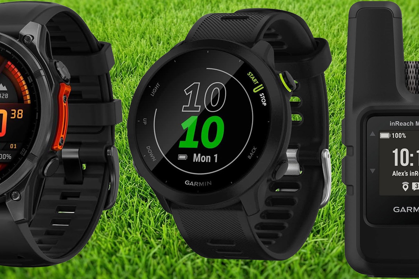 Garmin Smart Watch and GPS communicator on sale at Amazon in front of grass