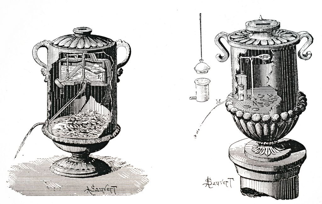 Engraving depicting an ancient penny-in-the-slot vending machine.