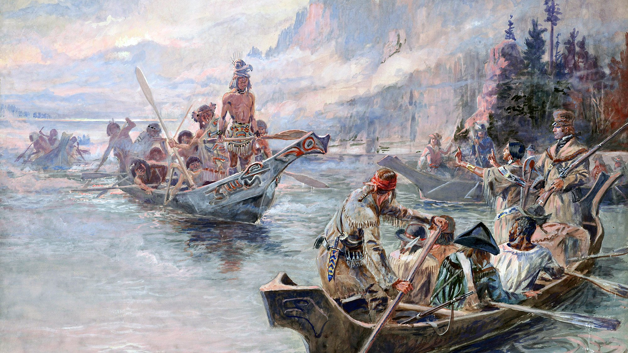 Painting Lewis and Clark on the Lower Columbia (height: 24 in (60.9 cm); width: 28 in (71.1 cm)) by Charles Marion Russell; Opaque and transparent watercolor over graphite underdrawing on paper