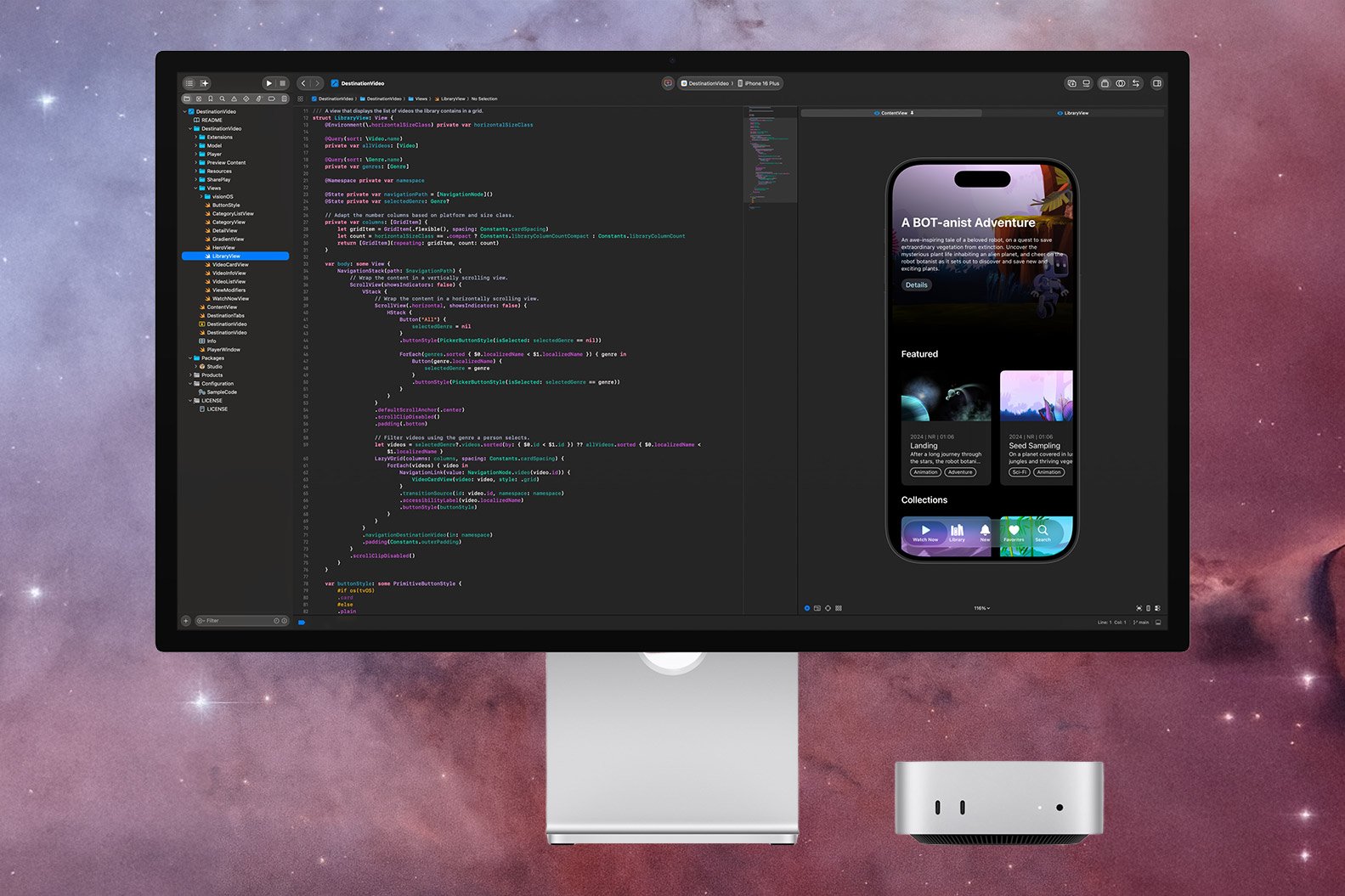 Mac Mini with a monitor that has Xcode on the screen
