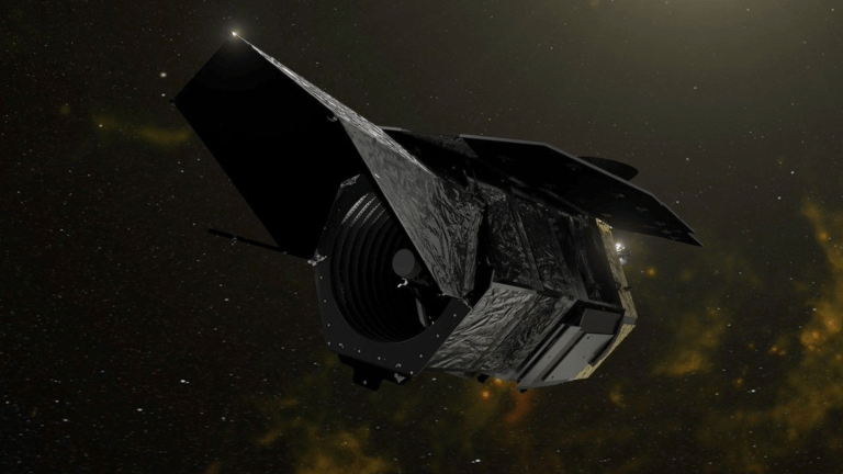 An illustration of the Nancy Grace Roman Space Telescope in space. It is a long cylindrical telescope with mirrors on the outside
