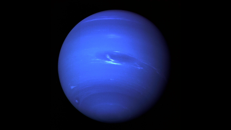 a picture of the planet neptune. it is colored blue on a black background