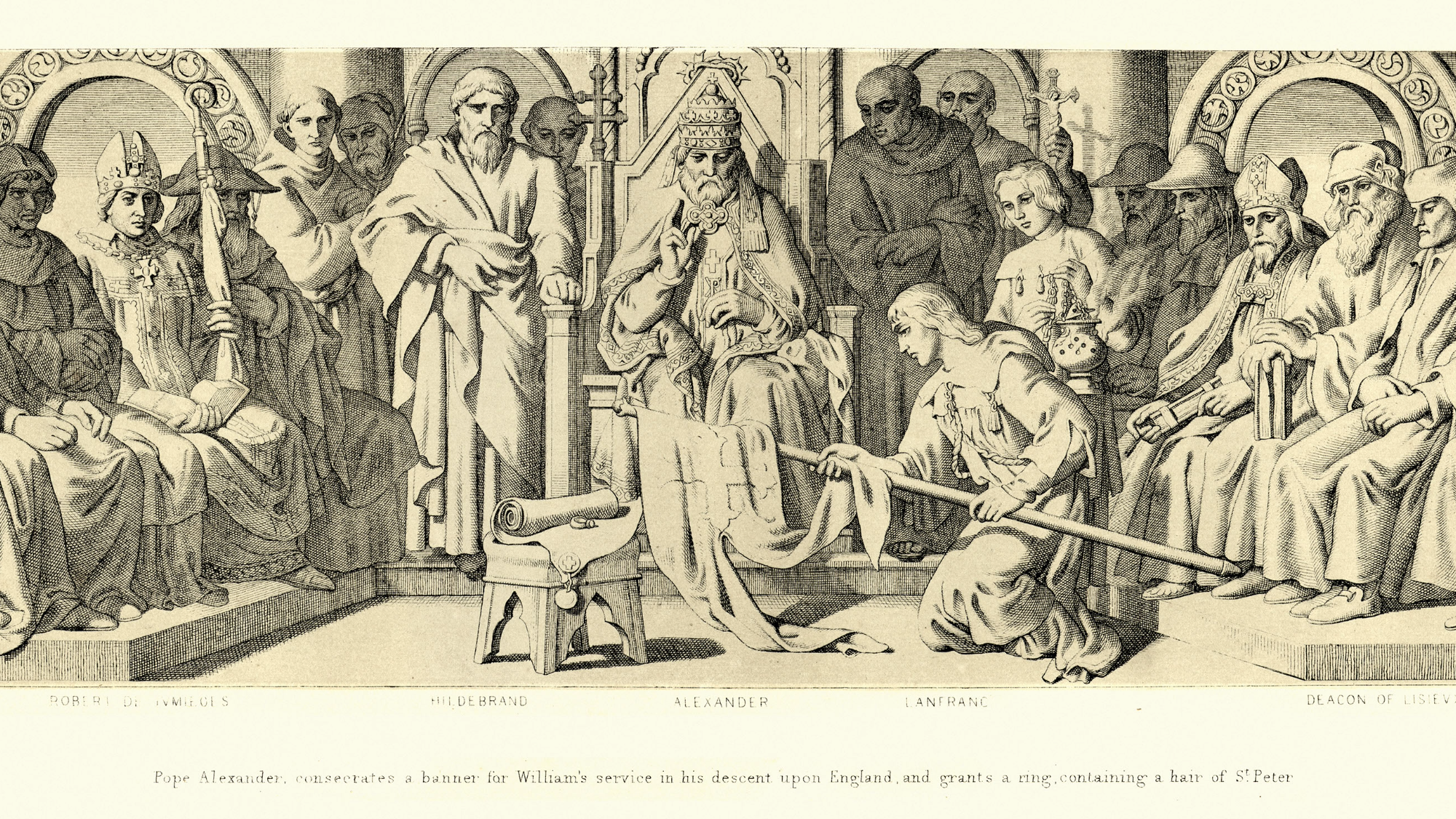An engraving from “The Story of the Norman Conquest” by Daniel Maclise. Pope Alexander II is consecrating a banner for William the Conqueror’s service in his descent upon England and granting a ring containing a hair of St. Peter.