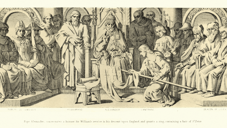 An engraving from “The Story of the Norman Conquest” by Daniel Maclise. Pope Alexander II is consecrating a banner for William the Conqueror’s service in his descent upon England and granting a ring containing a hair of St. Peter.