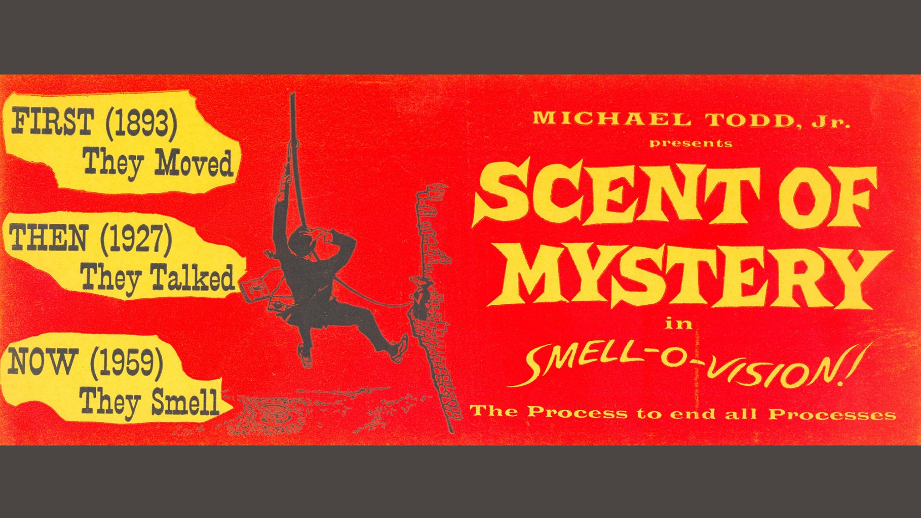 1960 movie poster with yellow letters on a red background for "Scent of Mystery."