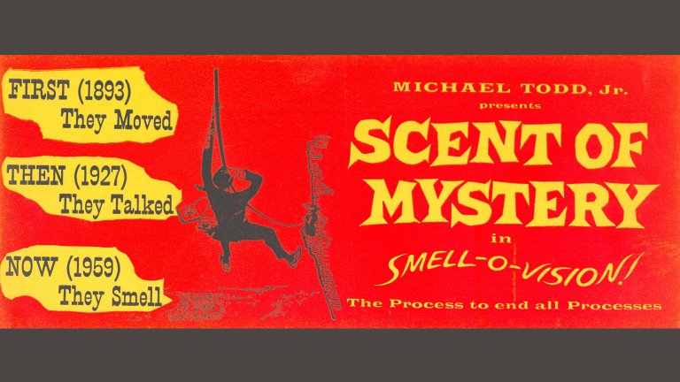 1960 movie poster with yellow letters on a red background for "Scent of Mystery."