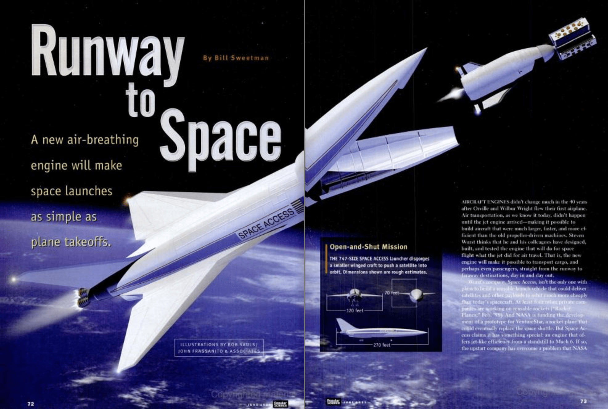Magazine two page spread showing an illustration of a space plane releasing a smaller space aircraft.