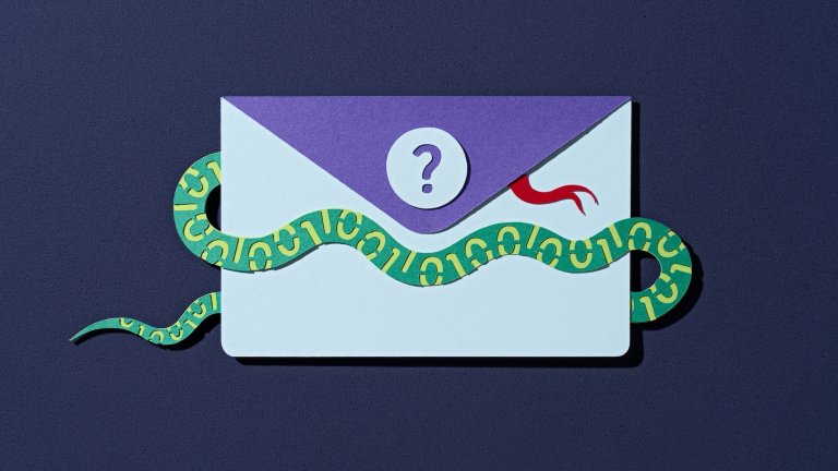 Paper Craft of a Suspicious Malicious Mail Hiding a Snake on Purple Background Directly Above View.