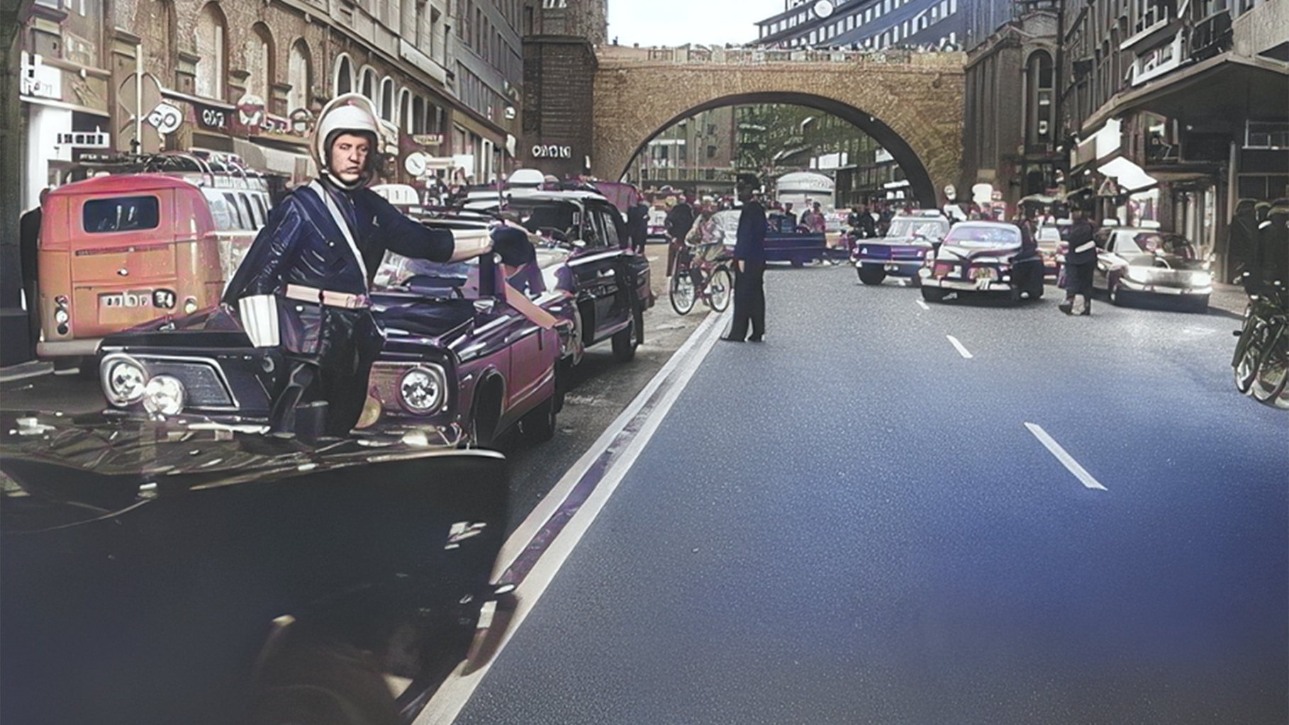 A vintage colorized photograph of a street in sweden as people switch from driving on one side to the other. A police officer directs traffic.