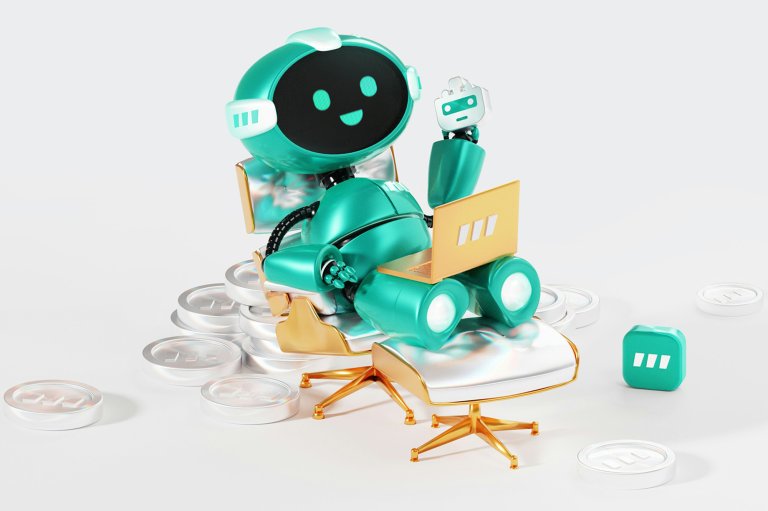 A metallic green reclining robot surfing internet listings on a laptop