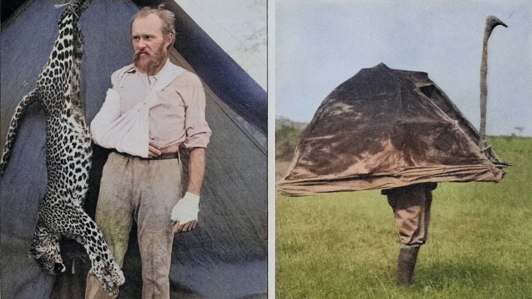 Man poses next to a dead leopard strung up (left) and puts on ostrich costume (right).