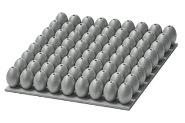 A 3D image of the water-filled aluminum eggshell array metastructure shows the eggshell pattern on an aluminum plate. The second aluminum plate—which goes on top of the eggs—is excluded from the image to help visualize the geometry. Credit: Wang et al.
