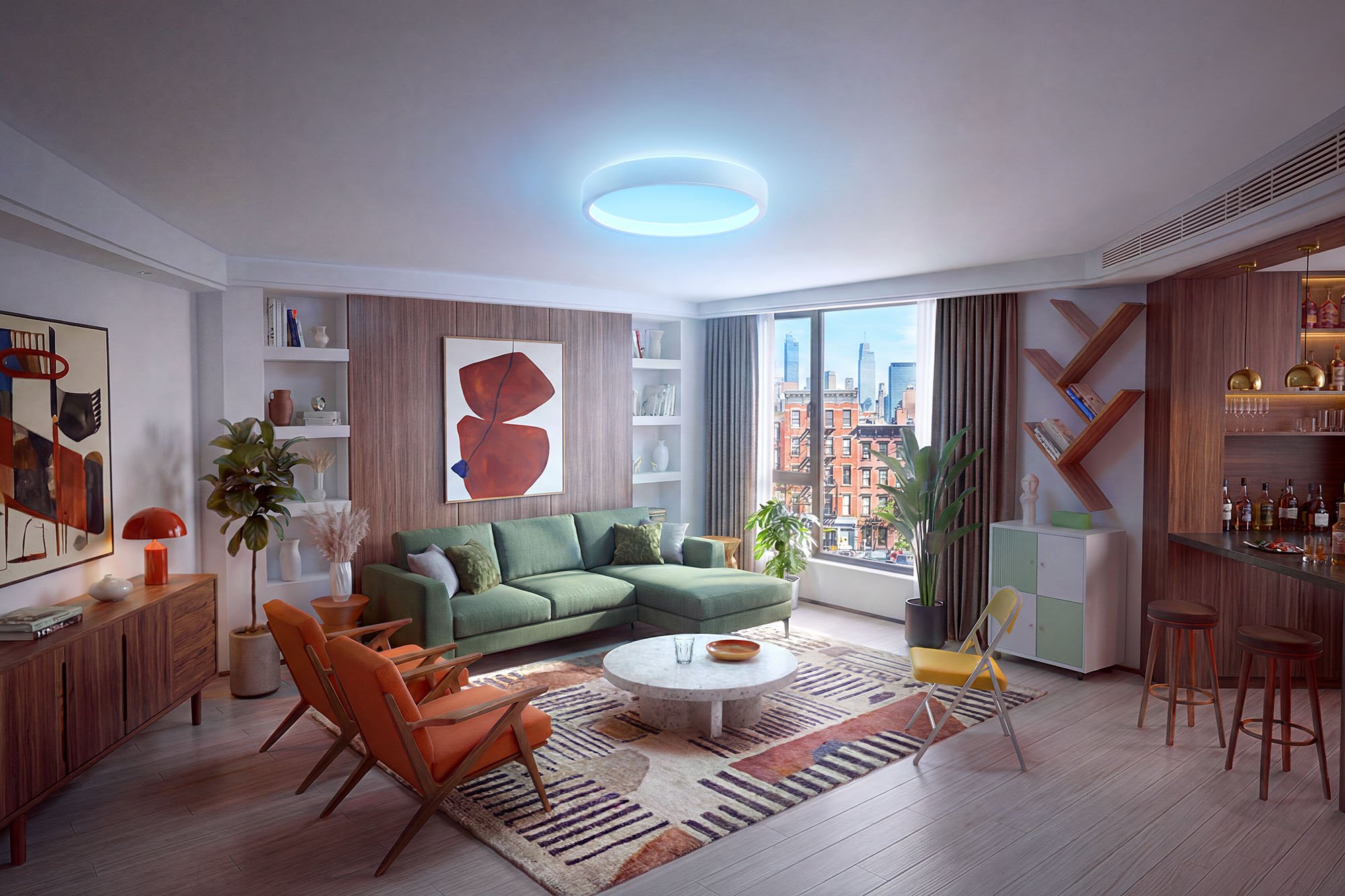 A Govee Sky Ceiling light in a rendering of a modern apartment