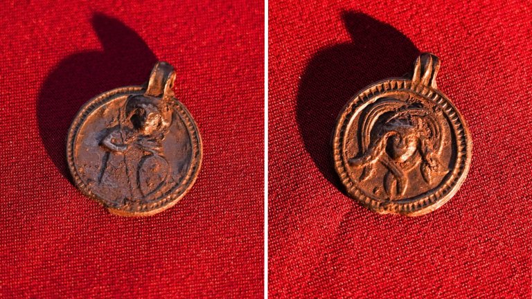 Front and back images of an 11th century Russian medallion with likely a warrior saint on the front and Medusa on the back