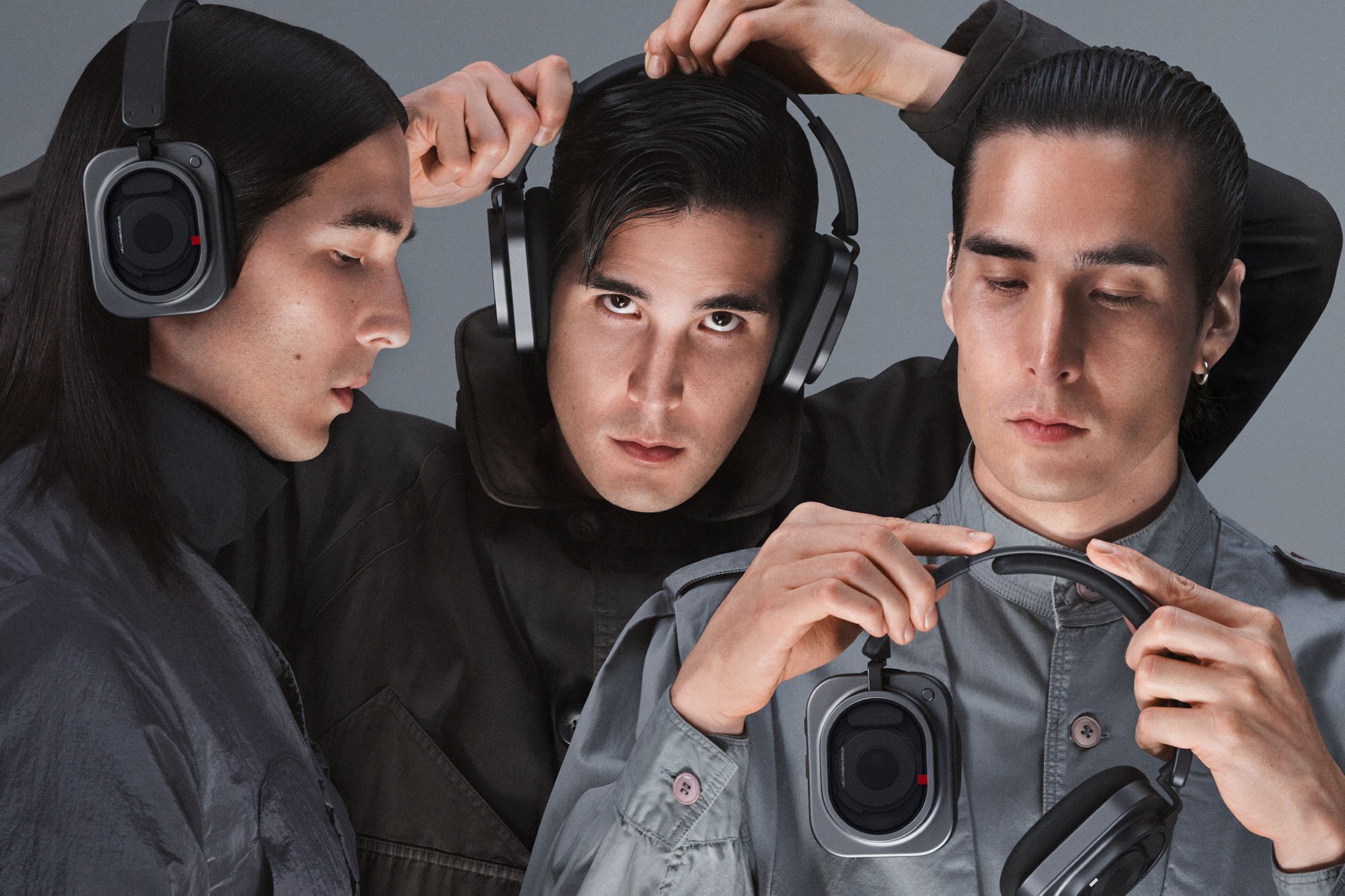 Male triplets shown wearing the Nothing Headphone (1) Pro in three ways