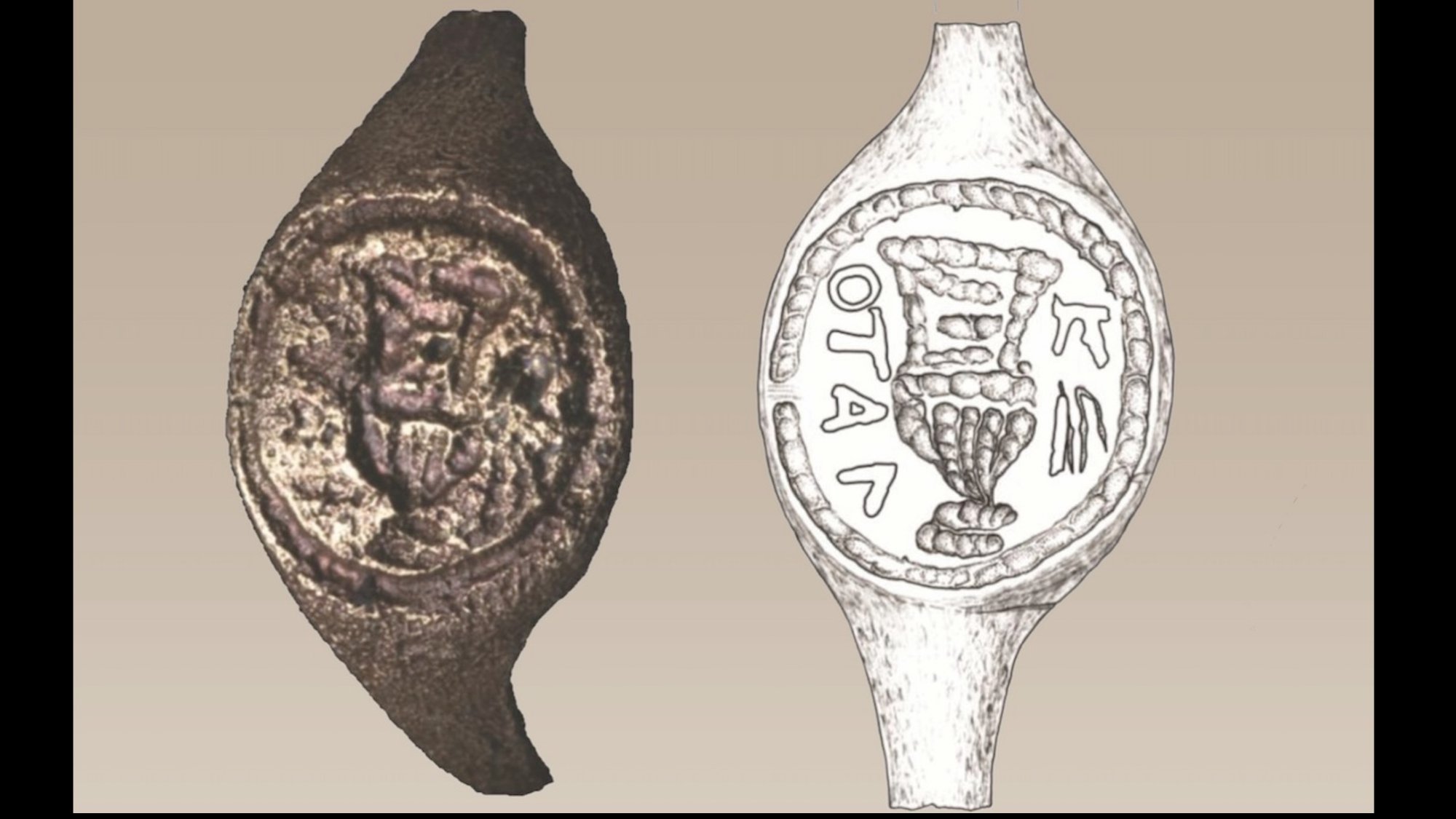 A digital scan of copper alloy ring theorized to have ties to a man named Pilate next to a sketch of the ring's details