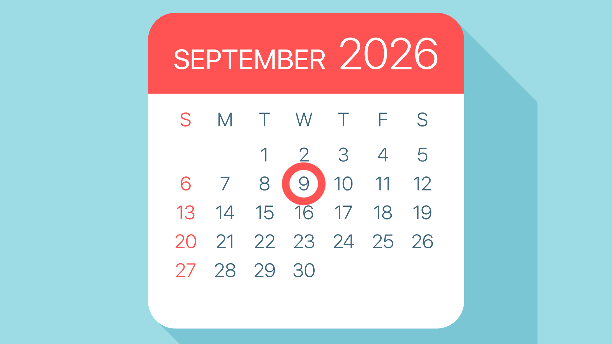 a september 2026 calendar with wednesday september 9 circled in red