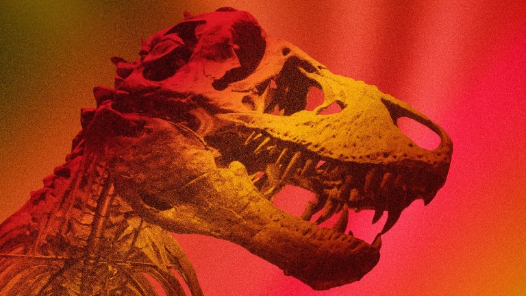 Tyrannosaurus skull and upper skeleton with a red tinge over the entire image