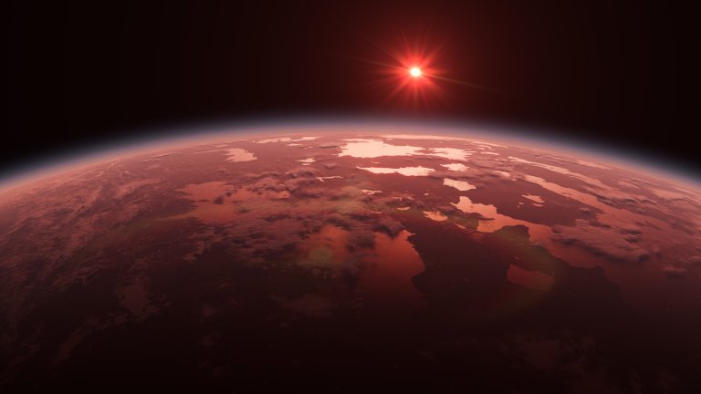 illustration of TRAPPIST-1D a small exoplanet orbiting a cooling Red Dwarf Star.