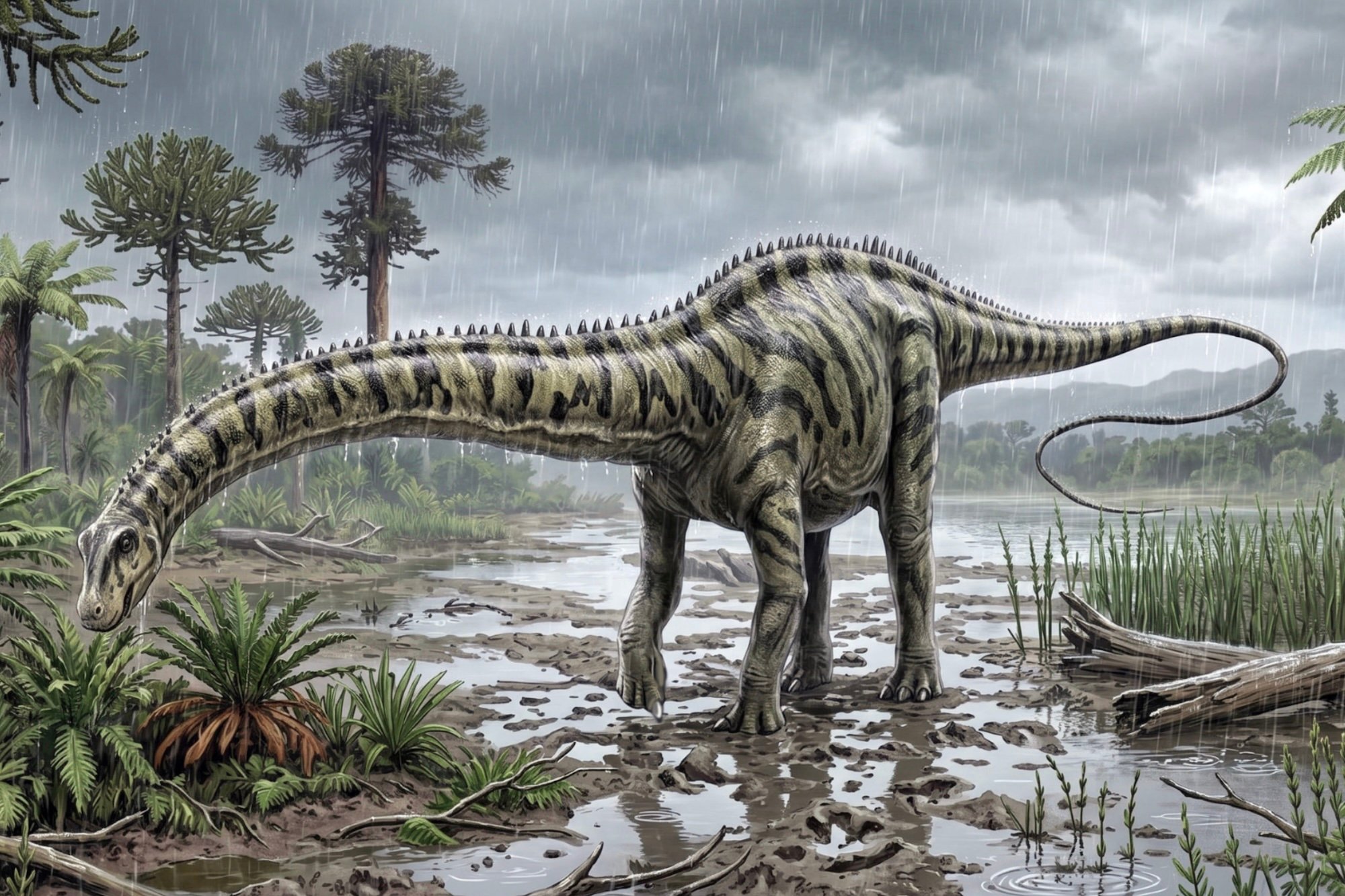 dinosaur amongst rainy and mud puddles