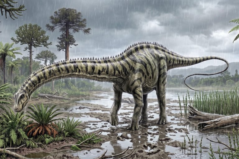 dinosaur amongst rainy and mud puddles