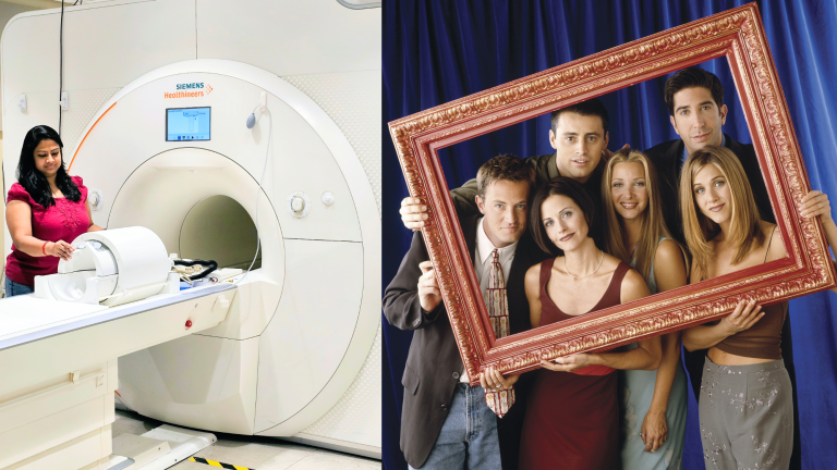 Joshita Majumdar before heading into the scanner (left). The cast of Friends (clockwise from the left): Matthew Perry as Chandler Bing, Matt Le Blanc as Joey Tribbiani, David Schwimmer as Ross Geller, Jennifer Aniston as Rachel Green, Lisa Kudrow as Phoebe Buffay, and Courteney Cox as Monica Geller (right).