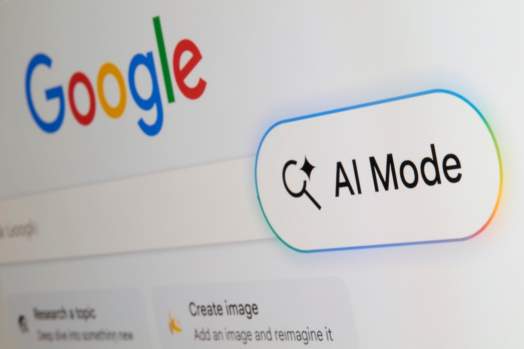 Google's AI Mode feature is displayed on the Google Search homepage in this illustration photo taken on September 9, 2026. (Photo by Matteo Della Torre/NurPhoto via Getty Images)