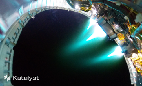 LINK fires all three of its xenon-fueled thrusters simultaneously in this image captured by the spacecraft on August 30, 2026. Image: Katalyst Space.
