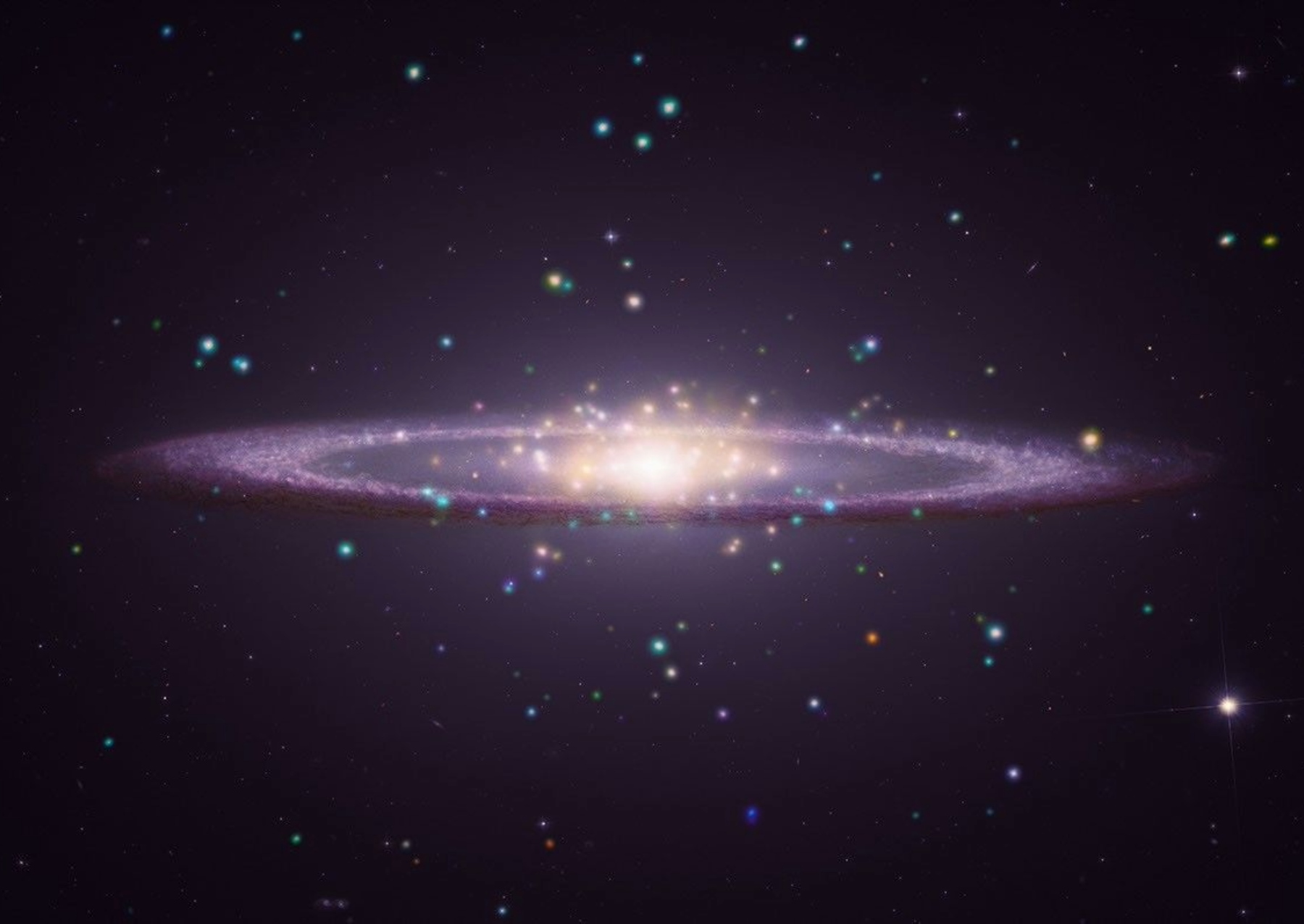 Famous for its broad central bulge and dark outer dust ring, this galaxy sits at a nearly edge-on tilt to Earth. Chandra X-rays (cyan and orange) isolate compact point sources and hot gas in the galaxy's sprawling halo, merged with Hubble optical light (warm white) and Webb infrared vision (purple-red dust lane). Studying M104 may help bridge the gap between spirals and ellipticals, helping astronomers better understand how a galaxy's giant outer cloud of stars grows and ages alongside its inner disk. Image: X-ray: NASA/CXC/SAO; Optical:NASA/Hubble Heritage Team/AURA/STScI; Infrared: NASA/ESA/CSA/STScI; Image Processing: NASA/CXC/SAO/L. Frattare.