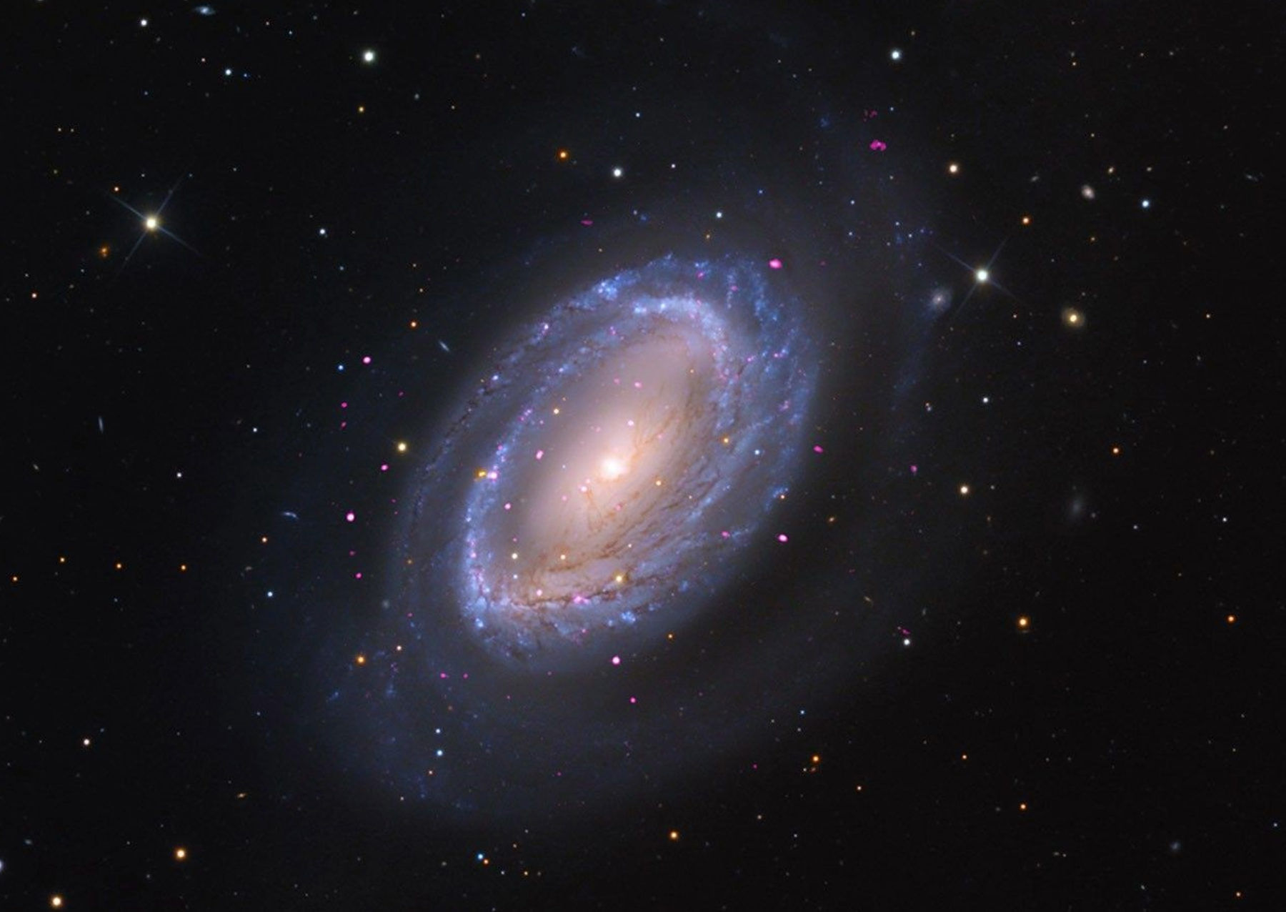 A "one-armed" barred spiral galaxy surrounded by a prominent star-forming ring. Chandra's X-ray data (magenta) pinpoints several bright X-ray sources, likely caused by growing black holes, embedded within the sweeping optical disk (soft blue and white) captured with the Mt. Lemmon Observatory. Galaxies with unusual single arms can offer a window into how the gravity from a passing galaxy can trigger bursts of star formation. Image: X-ray: NASA/CXC/SAO; Optical: NASA/ESA/STScI/NAOJ/R. Gendler; Image Processing: NASA/CXC/SAO/L. Frattare.