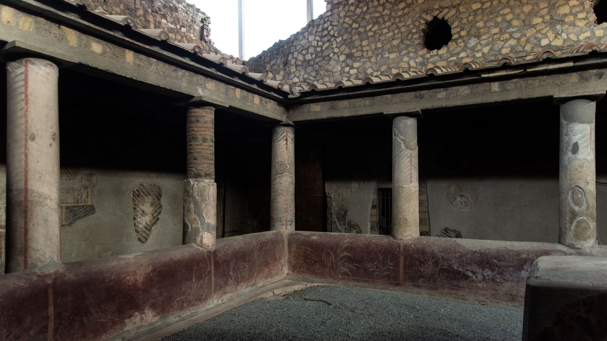 The general view of the archaeological site of Oplontis in Torre Annunziata, Italy. The archaeological site of Oplontis is one of the wonders returned after the eruption of Vesuvius in 79 AD together with the excavations of Pompeii and Herculaneum.