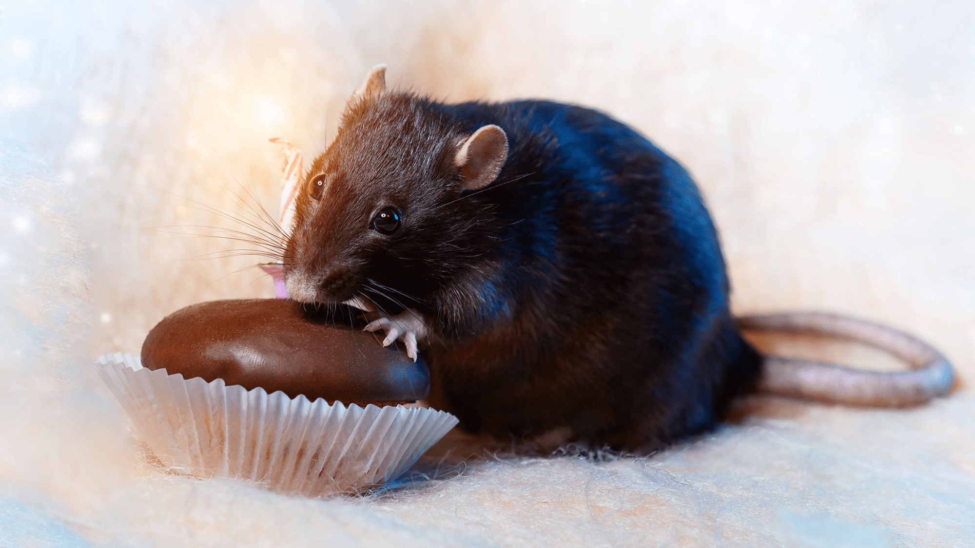 a dark rat sniffs out a piece of chocolate with a candle in it