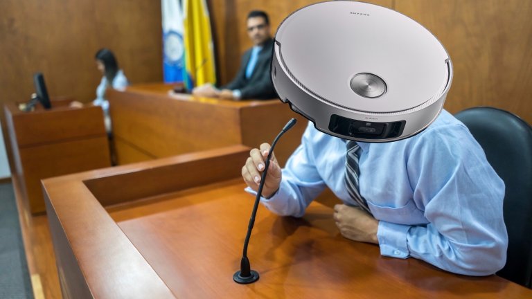 a robot vacuum placed over the head of someone testifying in court