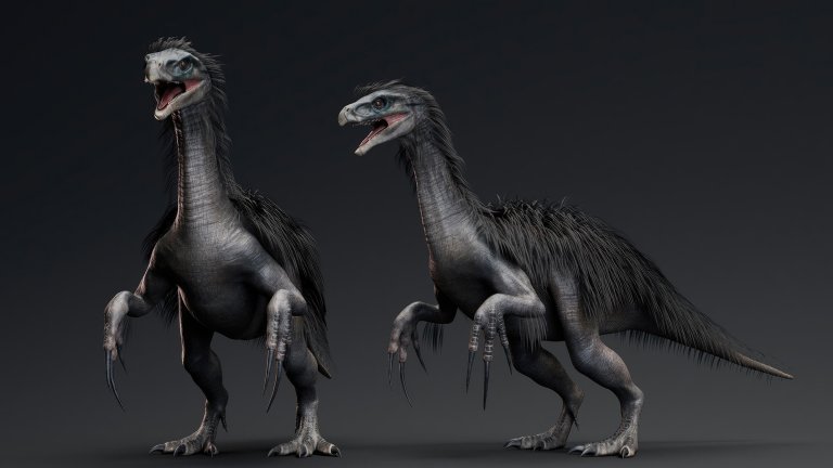 3D rendering of therizinosaurus pose on grey background.