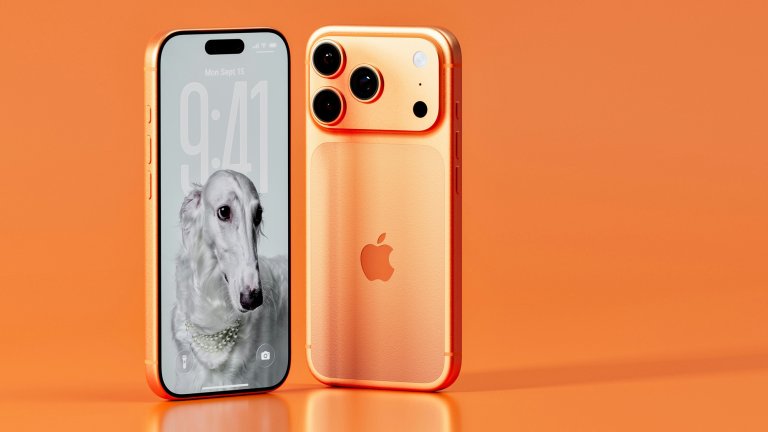 An orange iPhone against an orange background