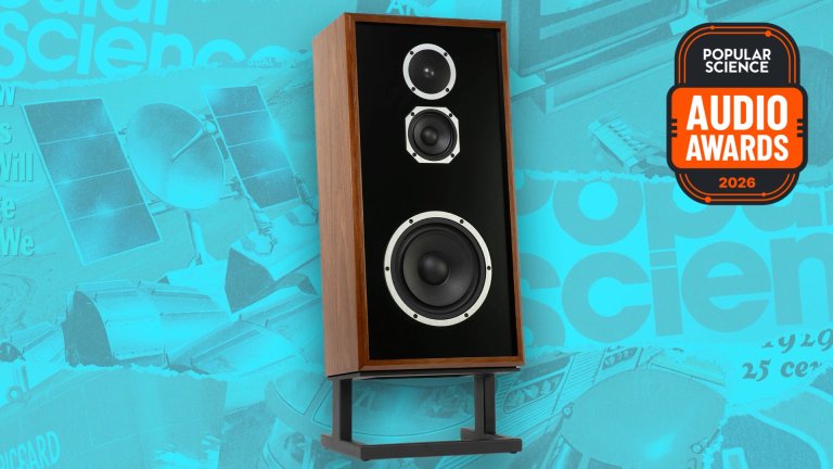 KLH Model Four floorstanding speaker with a walnut cabinet on a short metal stand