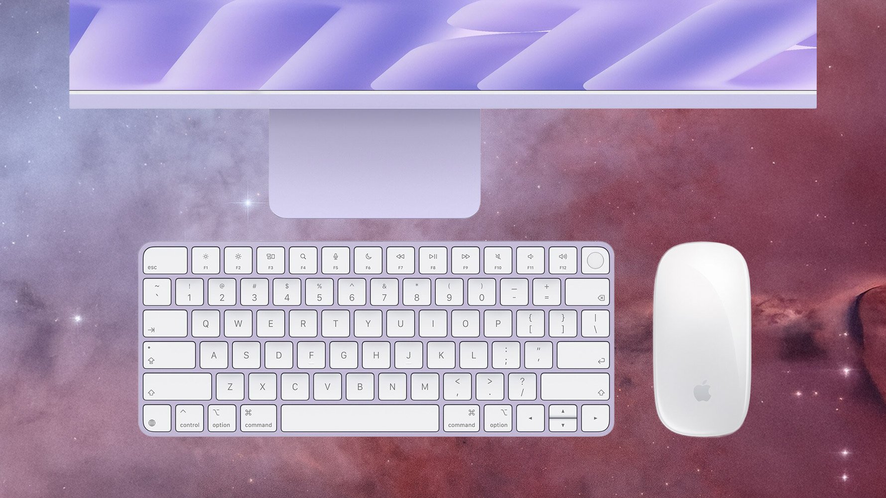 A lavender Magic Keyboard and white Magic Mouse in front of the base of a purple iMac with M6.