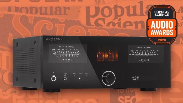 Advance Paris A10 APEX integrated amplifier in black with twin VU meters and glowing tubes