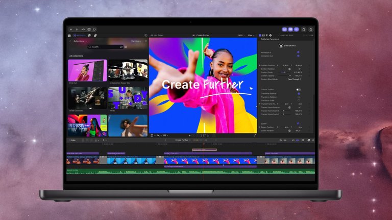 Final Cut Pro on a MacBook Pro showing a colorful “Create Further” title effect, with a browser of MotionVFX templates on the left.
