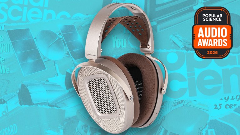HiFiMAN HE1000 WiFi wireless headphones in silver with brown leather earpads