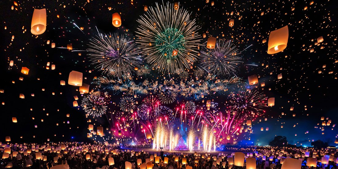 fireworks and paper lanterns in the sky