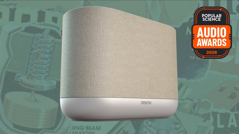 Denon Home 400 wireless speaker in white and gray fabric