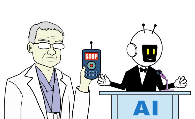 cartoon of researchers with stop button for AI robot