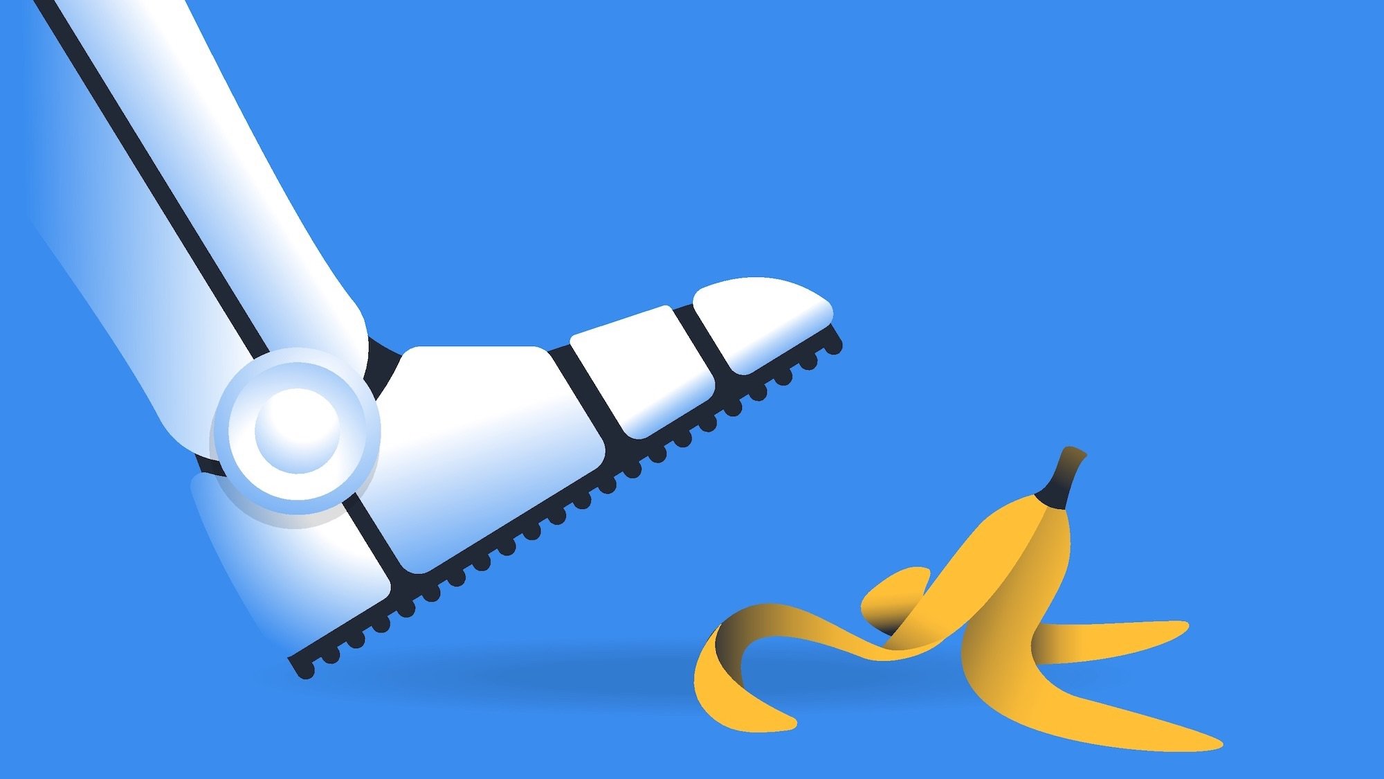 Robot stepping on banana peel. Chatbot mistake and ai fail concept. Vector illustration.