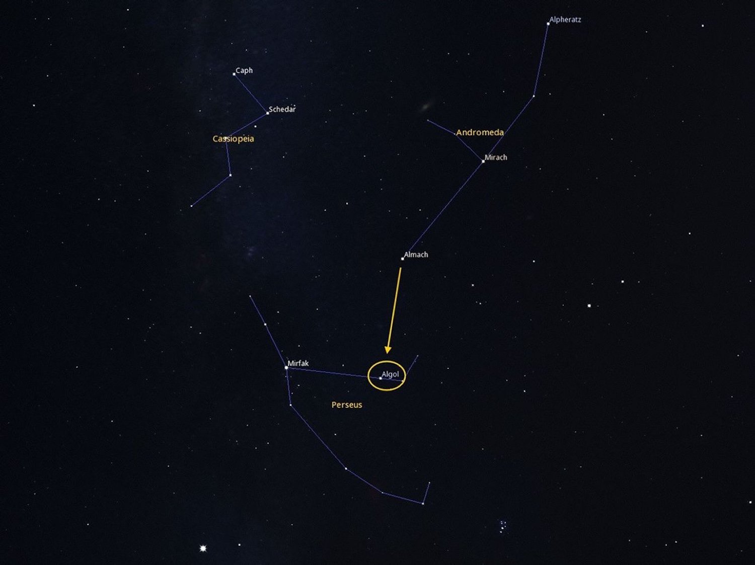 Algol on star chart of night sky