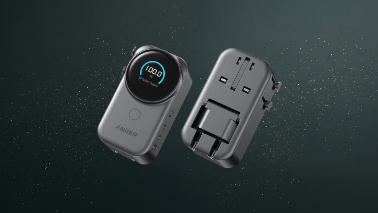Anker Universal Charger on a green sparkly travel gift guide background