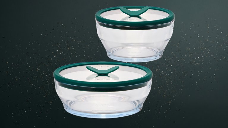 Anyday 4-Piece Medium Glass Food Storage with Lids against a green speckled practical gift guide background