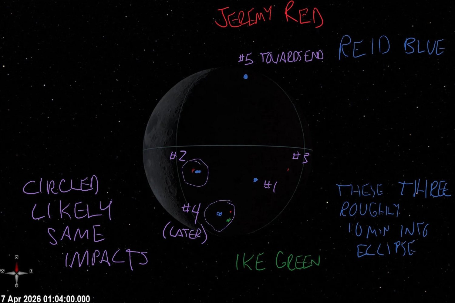 A visualization of a dark Moon eclipsing the Sun is marked with handwritten notes in this April 6, 2026, screenshot from an Artemis II crew member’s tablet. Credit: NASA